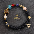 Libra zodiac gemstone bracelet with ocean jasper, black onyx, pearl accent, and gold-tone charm by Velastrand