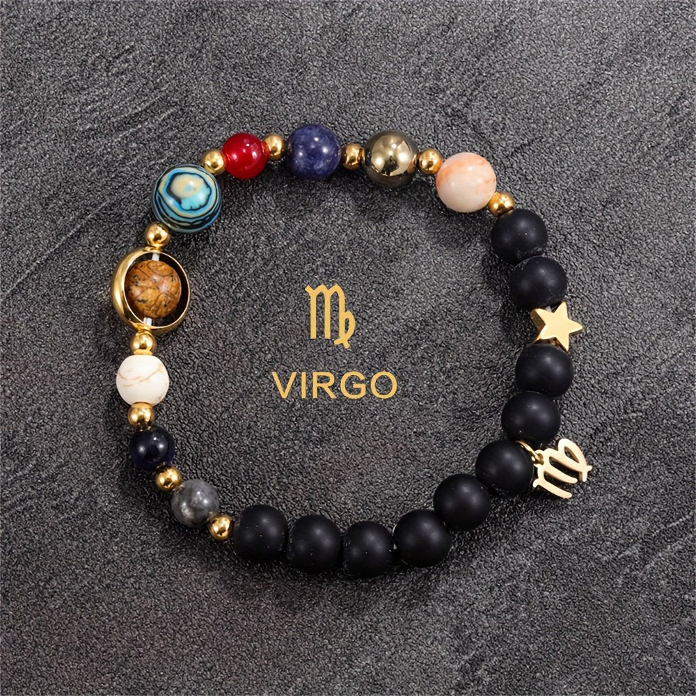 Virgo zodiac gemstone bracelet with turquoise accent, pearl-toned bead, black onyx, and gold-tone charm by Velastrand